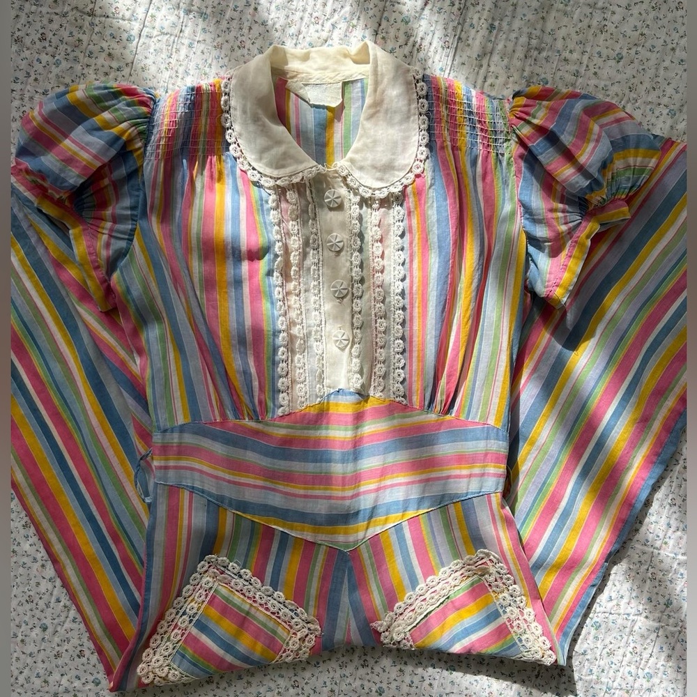Vintage 1930s Cotton Striped Puff Sleeve Dress